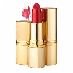 A shiny red lipstick with gold casing, with a brushstroke