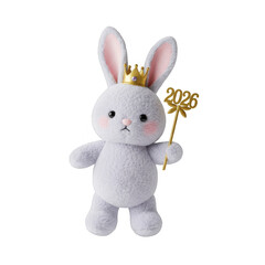 Obraz premium Gray Bunny Plush Toy Wearing Gold Crown on Transparent Background