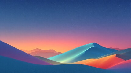 Minimalist landscape of rolling sand dunes in vibrant shades of blue, orange, and purple. A clean, surreal desert scene under a soft gradient twilight sky with smooth curves.