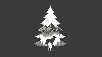 Silhouette of a wolf within a stylized pine tree landscape. © Yahya