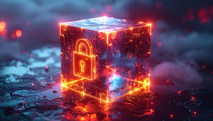 Glowing Neon Lock Cube Symbolizing Digital Security and Data Protection on a Dark, Mystical Background