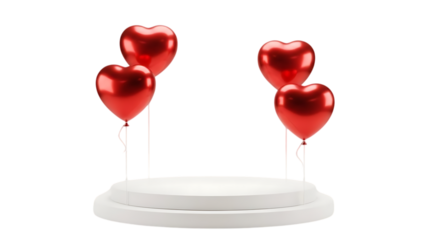 Four shiny red heart shaped balloons isolated on transparent background tied to a white cake stand