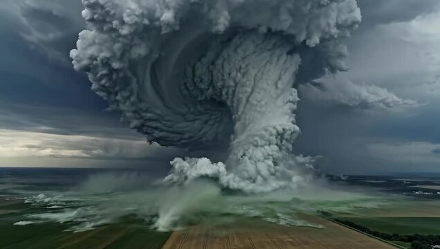 Dramatic Tornado Forming Over Open Fields Under Thunderstorm Clouds