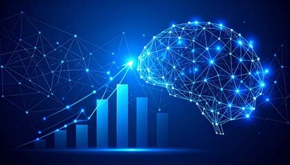 Innovative business intelligence concept with glowing blue brain and rising bar chart