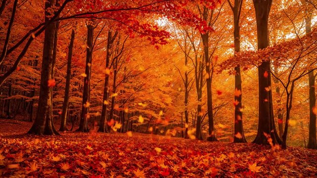 Autumn Forest Floor maple leaves Textured close up, serene ground cover, vibrant colors A captivating slow motion cinematic shot
