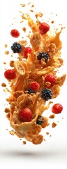 Cereal, berries, liquid splash in air