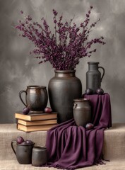 Still life plums, rustic vases, flowers, books & cloth