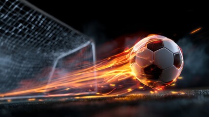 Fototapeta premium Soccer ball on fire hitting goal net with motion sparks on dark dramatic background