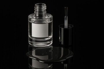 Clear Glass Nail Polish Bottle With Black Cap And Glossy Spill On Dark Surface