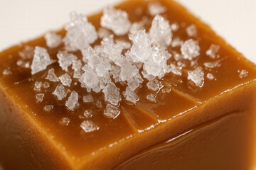 Soft Caramel Fudge Cube Topped With Large Flaky Sea Salt Crystals