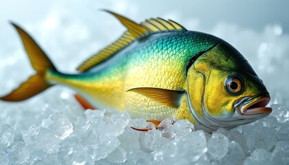 Fresh mahi mahi fish lies on ice cubes, ready for sale or cooking. The colourful seafood glistens, its scales shimmering. This aquatic catch awaits its culinary destiny.