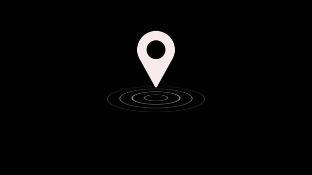 Location tracker pin pointer with radio waves target place fix place location pointer position location tracking animated. white color location icon on black background.