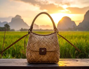 Woven handbag on wooden surface, golden sunset over rice field and majestic mountains, peaceful and idyllic scene
