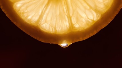 Backlit lemon slice dripping fresh citrus juice drop