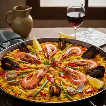 Spanish Seafood Paella with Prawns, Mussels and Lemon in a Large Pan