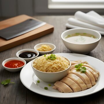 Hainanese Chicken Rice with Soup and Authentic Chili Soy Dipping Sauce
