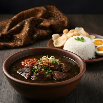 Traditional Indonesian Beef Black Soup Rawon with Rice and Salted Egg
