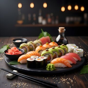 Large Assorted Sushi and Sashimi Platter on a Dark Slate Plate