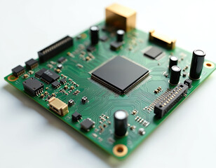 Close-up view of a green circuit board with various electronic components and a large black chip. The board features intricate lines and connectors, suggesting complex technology and connectivity.