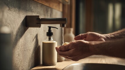 Sustainable Bathroom with Water Saving Faucet and Eco Friendly Hand Washing Concept