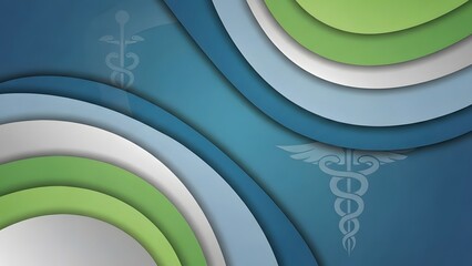 Abstract medical background with layered curves the caduceus symbol and blue green hues