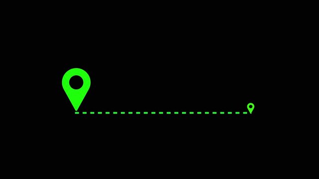 Distance line icon animation on black background Route direction navigation between two points marked with location pin icons, dashed line animation.  