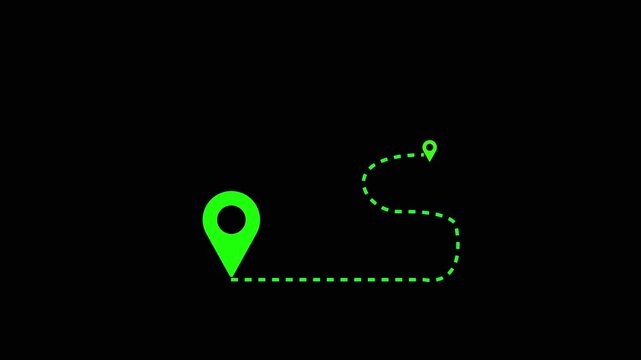 Animated destination, path, and route icon showing map, location pin, and dotted travel line for navigation, journey, and direction. green color location icon on black background.