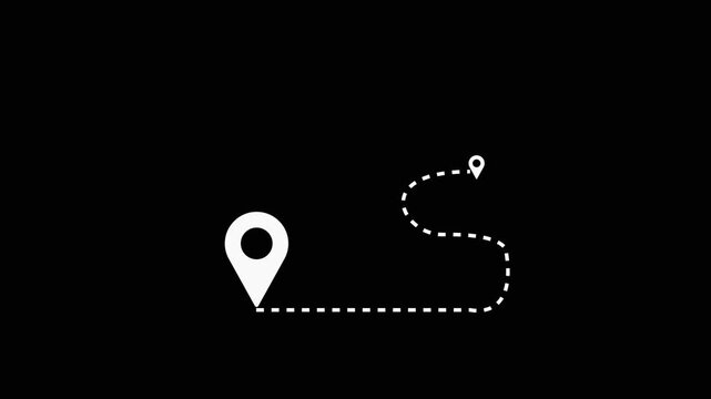 Animated destination, path, and route icon showing map, location pin, and dotted travel line for navigation, journey, and direction. white color location icon on black background.