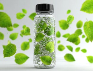 Bottle filled with leaves; leaves floating around