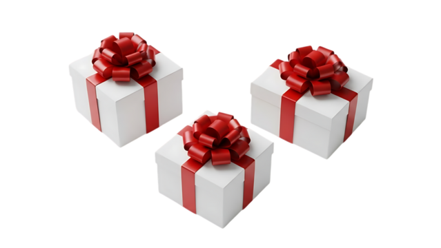 Three white gifts with red ribbons and bows isolated on transparent background - Powered by Adobe
