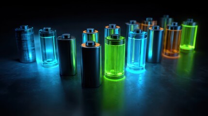 Colorful rechargeable batteries with glowing effects arranged on a dark background showcasing energy and power technology innovations