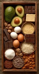 Healthy fats food display in wood box, overhead view