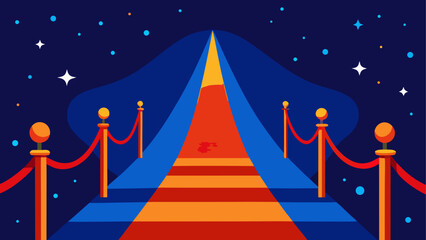 Luxury 3D illustration of a VIP red carpet entrance on a blue background featuring velvet stairs and golden ropes for a Hollywood gala movie premiere celebration of success and fame