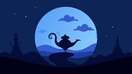 Spooky Halloween night vector illustration featuring a dark sky with stars and silhouettes of a man, a girl, and a cat sitting on a crescent moon near a scary tree with flying bats