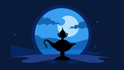 Spooky Halloween vector illustration of a silhouette of a woman sitting on a crescent moon in a dark night sky with flying bats and a witch on a broom