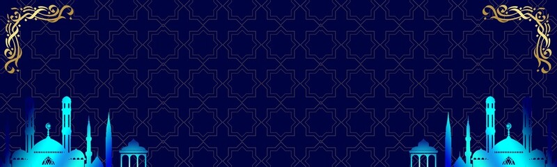 Panoramic islamic banner with golden girih pattern and mosques with minarets on blue background with copy space. Muslim template, oriental background for website header 