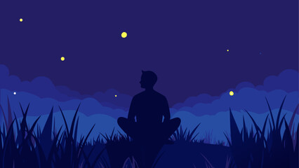 A romantic silhouette of a love couple sitting on the grass under a blue night sky with a full moon and glowing stars in a dark vector landscape illustration