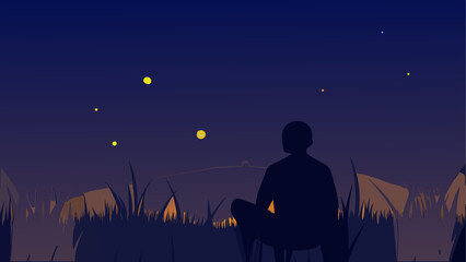 Romantic vector illustration of a couple in a dark night scene with moon and stars featuring a silhouette of love against a blue moonlight sky and summer landscape tree