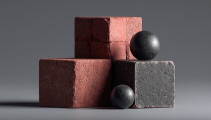 Blocks, spheres, and shadows on a smooth grey background