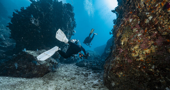 scuba divers exploring the clear water of the southern Andaman Sea