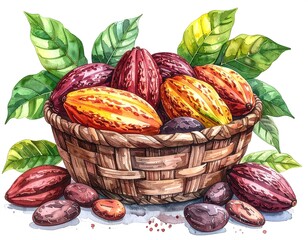 Watercolor illustration depicts a woven basket overflowing with colorful cacao pods and beans, vibrant leaves