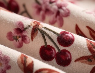 Fabric fold close-up with cherry floral print pattern