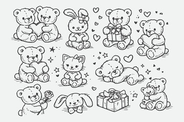 Obraz premium Hand Drawn Teddy Bear and Plush Toy Valentine Icon Set in Sketch Style