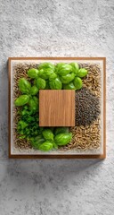 Square tray with wood, basil, seeds, & grain