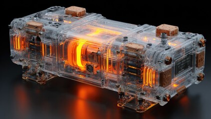 Translucent box, orange glow inside. Sci-fi object