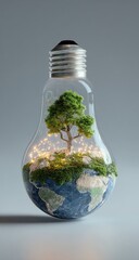 Earth inside bulb with tree, growth, and lights