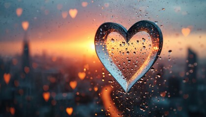 Heart shaped reflection on wet window pane with blurred city skyline at sunset. Raindrops on glass create romantic bokeh effect. Love and city life blend.