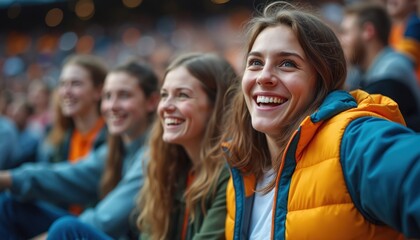 Fototapeta premium Young people watch event with joy. Friends smile watching sports game or concert. They sit together, happy faces, feel excitement, share fun moment. Lively crowd enjoys entertainment.