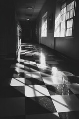 Sunny hallway, black-and-white tile, light, shadowed depth
