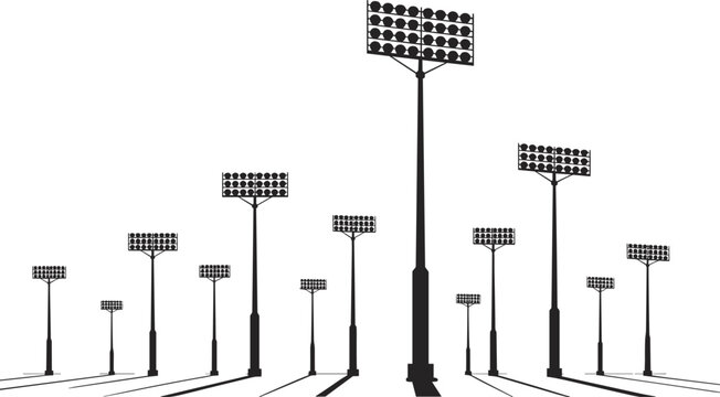 Silhouettes of stadium floodlights with long shadows on a white background Keywords: floodlight, stadium light, spotlight
